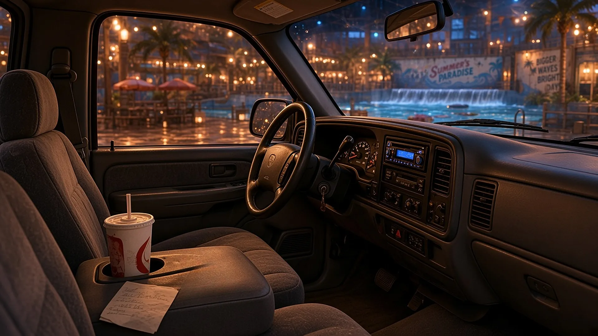 Inside a 2001 pickup cab at night: bench seat, a center console with a soda cup, a folded note, and Summer’s Paradise glowing through the windshield